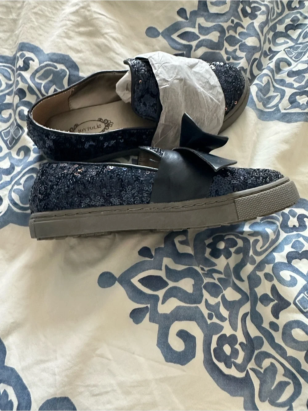 Joyfolie Navy Sequin Bow Slip-On Loafers